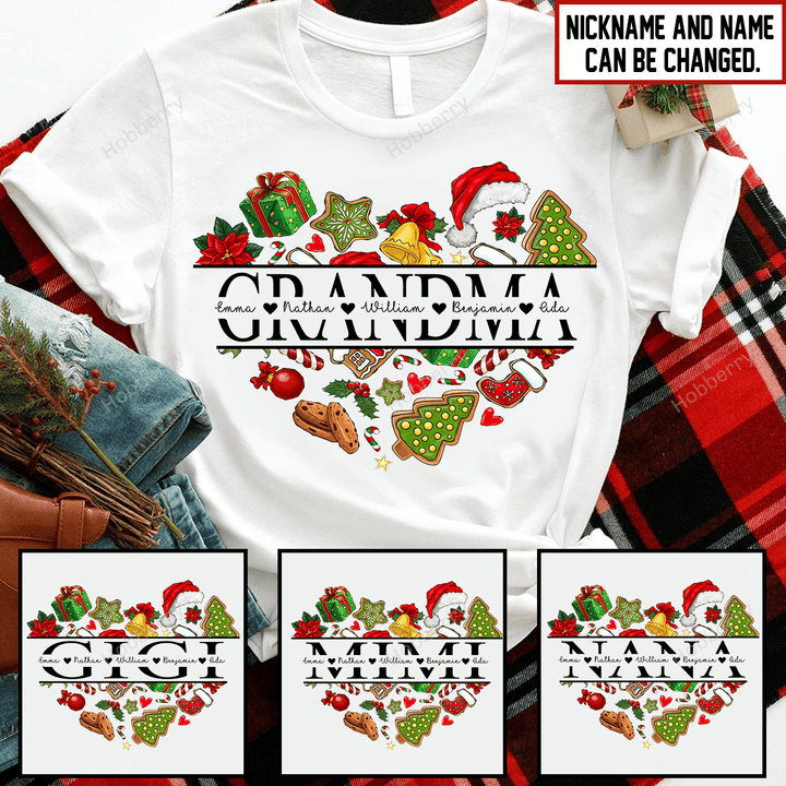 Love Mimi Life Heart Love Being Nana Christmas Grandma Shirt With Grandkids Names - Personalized Name Shirt Custom Gift For Grandma & Mom