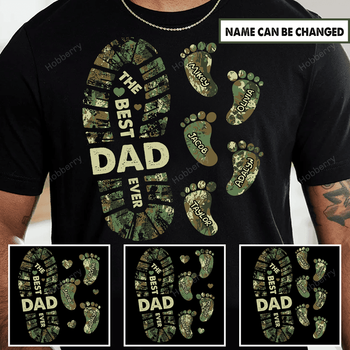 Personalized Daddy Grandpa Shirt Camouflage Footprint The Best Dad Ever With Kid's Name For Military Veteran Dad Fathers Day Birthday Gift For Dad Grandpa