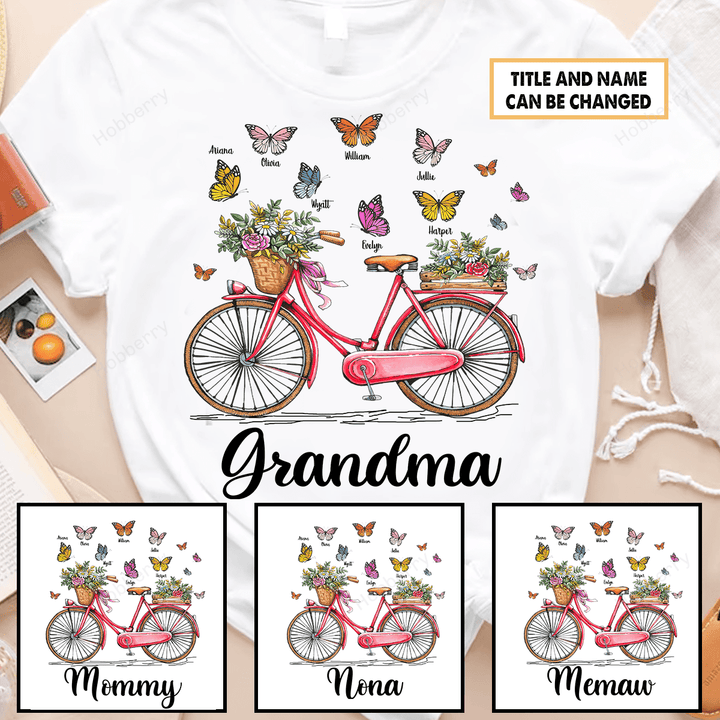 Personalized Bicycle and Flowers Grandma Shirt With Grandkids Names - Personalized Custom Name Shirt Gift For Grandma & Mom