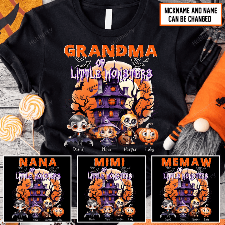 Personalized Shirt Grandma of Little Monsters Halloween Fall Season Grandma Shirt With Grandkids Names - Personalized Custom Name Shirt Gift For Grandma & Mom