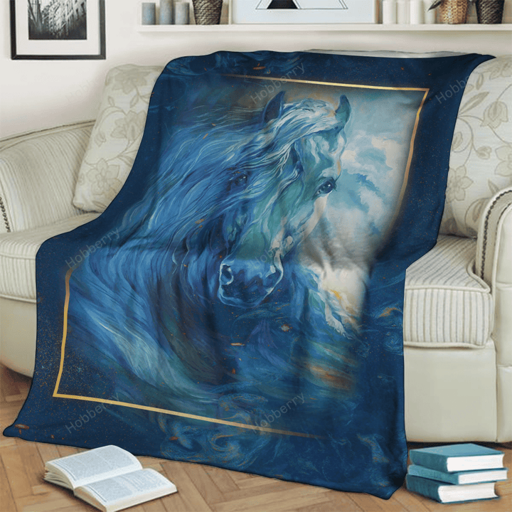 Aesthetic Blue Wave Horse 3D Throw Blanket Hobberry