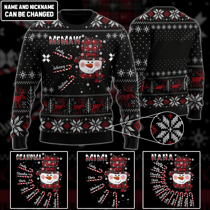 Personalized Christmas Memaw Snowman Grandma Wool Ugly Sweater Gift For Grandma