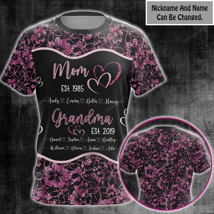 Mom Est Grandma Est Leopard Pattern Heart - Personalized Custom Name 3D All Over Print T-shirt Sweatshirt Leggings Gift For Grandma & Mom
