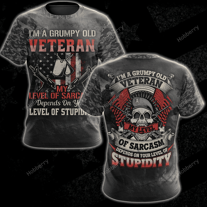 US Veteran Shirt I'm A Grumpy Old Veteran My Level Of Sarcasm Depends On Your Level Of Stupidity Veterans Day T-shirt Zip Hoodie Sweatshirt
