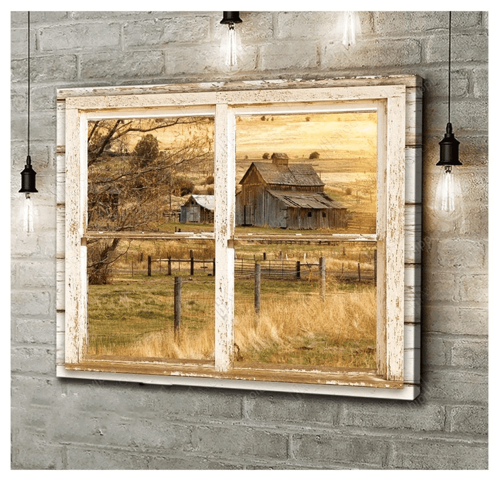 Beautiful Barn In The Afternoon Through Rustic Window Canvas
