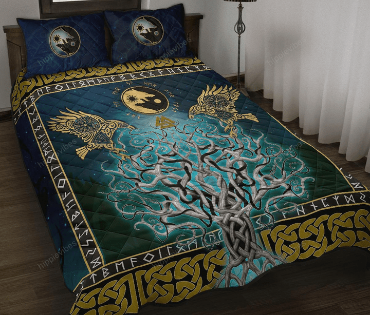 Viking Tree Of Life Fenrir Skoll And Hati Raven Rune Quilt Bed Set