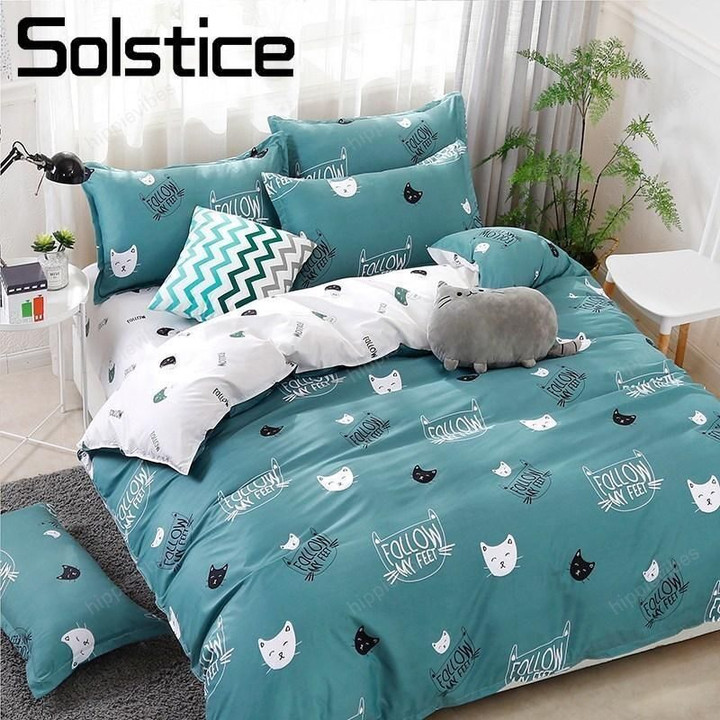 Solstice Home Textile Cyan Cute Cat Kitty Duvet Cover Pillow Case Bed Sheet Boy Kid Teen Girl
