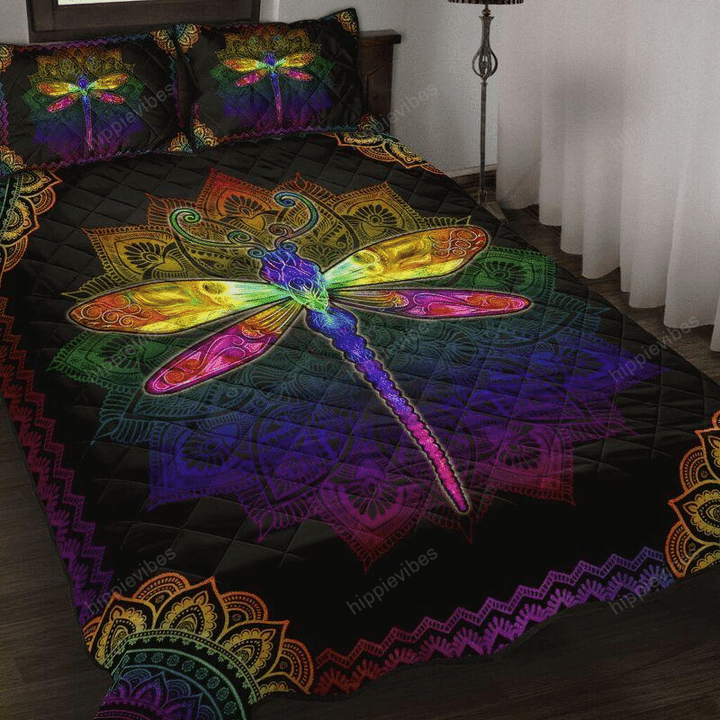 Dragonfly Colorful Mandala Quilt Bed Set Twin