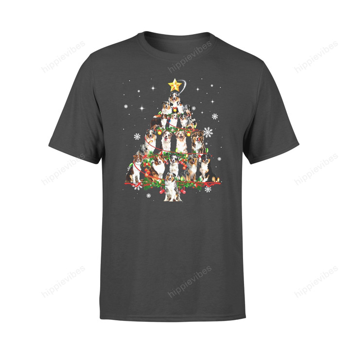 Dog Christmas Gift Idea Australian Shepherd Tree Light Funny T-Shirt - Standard T-Shirt S / Black