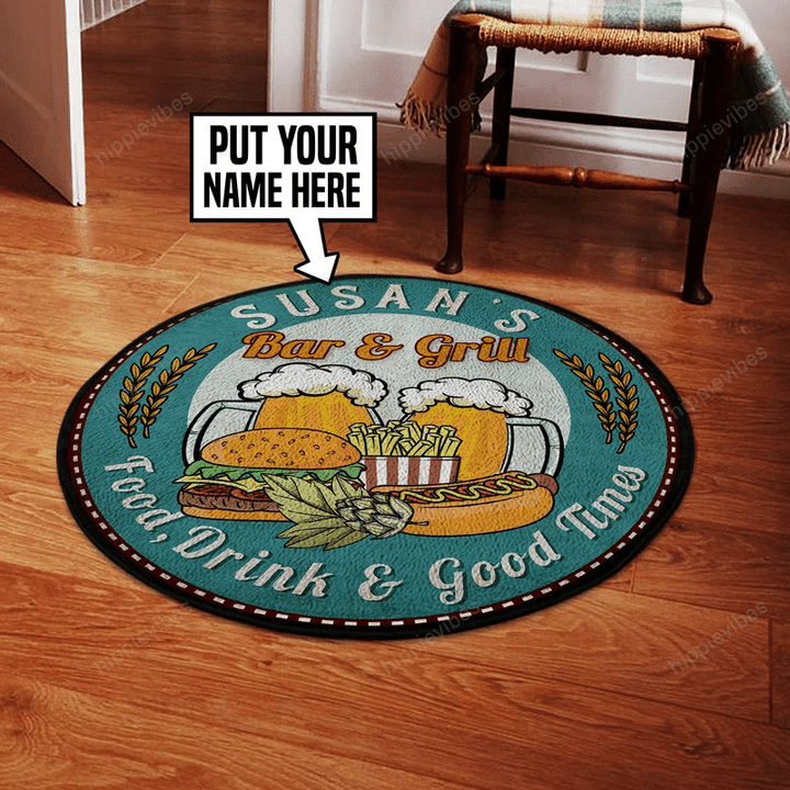 Personalized bar and grill food drink and good time round rug