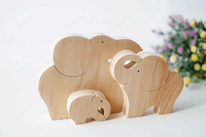 Wooden puzzle Elephant family Baby shower Big details puzzle Toddler wood toy Elephant toy Family gift Wood Kids Toys