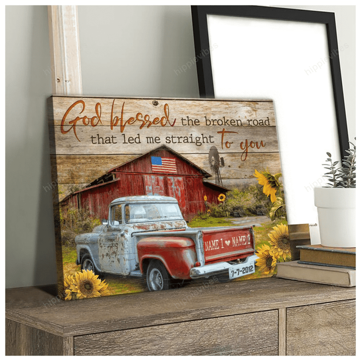 Sunflower Summer Barn and Pickup Truck God Blessed The Broken Roads Custom Personalized Canvas Wall Art Decor