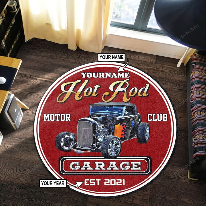 Personalized Hot Rod V1 Garage Round Mat - RE