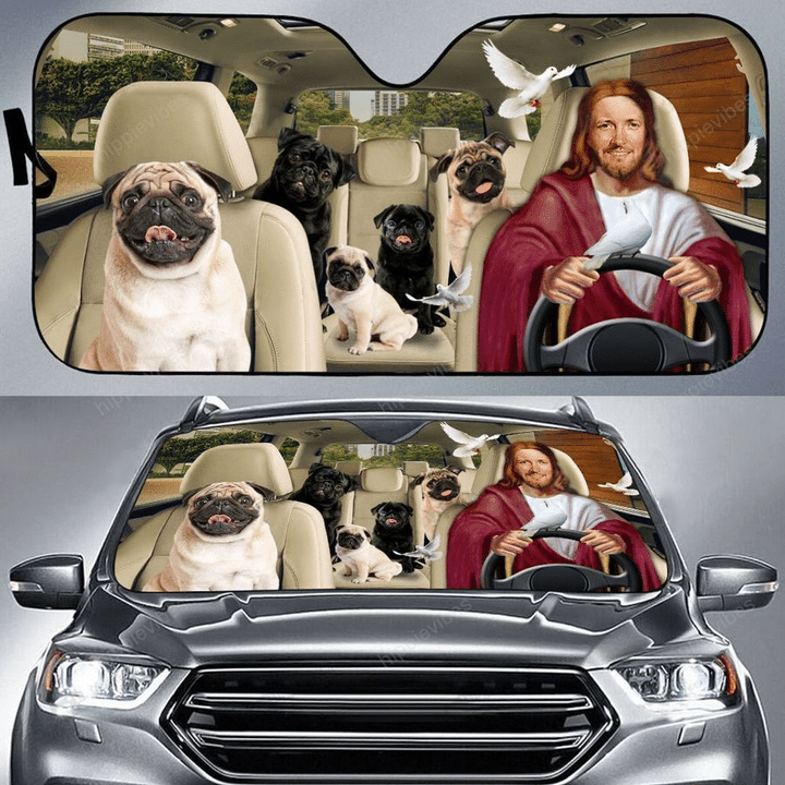 Pug And Jesus Car Sunshade