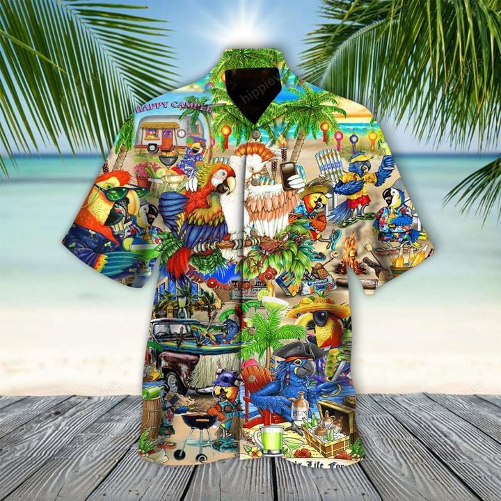 Happy Camper Parrot Beach Hawaiian Shirt