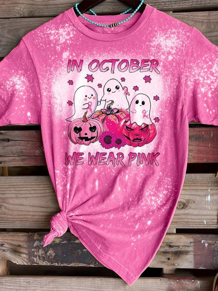 In October We Wear Pink Ghost Pumpkins Print Short Sleeve T-shirt