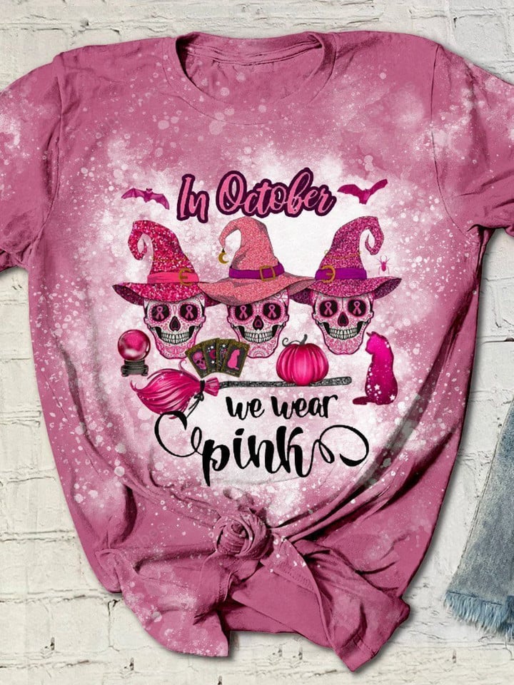 In October We Wear Pink Skull Print Short Sleeve T-shirt