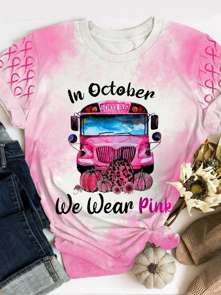 In October We Wear Pink School Bus Print Short Sleeve T-shirt