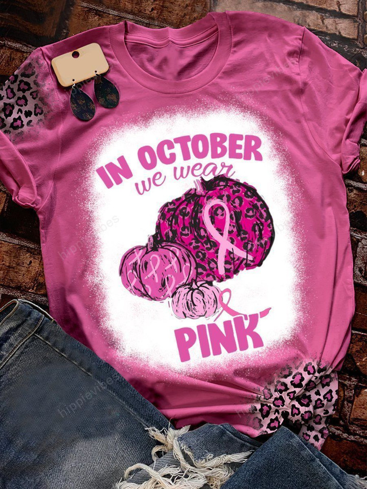 In October We Wear Pink Ribbon Pumpkin Print Short Sleeve T-shirt