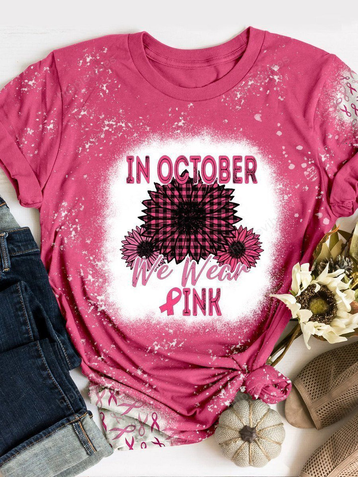 In October We Wear Pink Flower Print Short Sleeve T-shirt