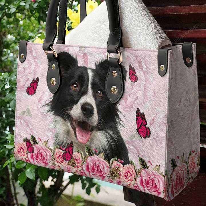 Border Collie And Rose Leather Bag