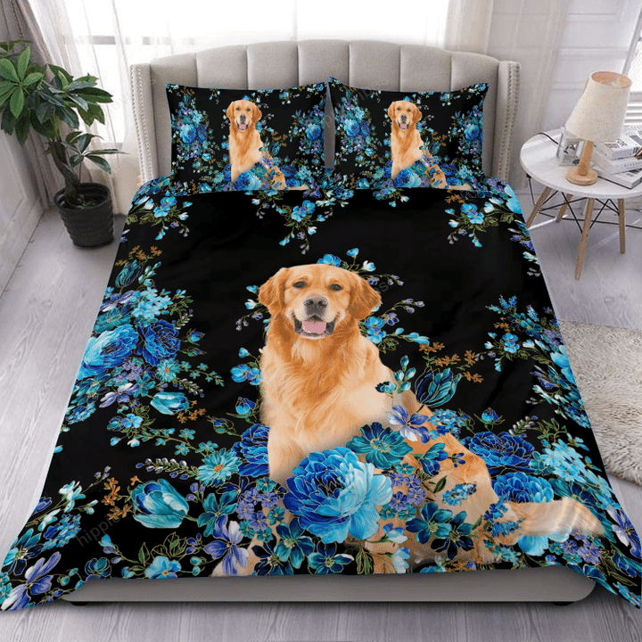 Golden Retriever Blue Flower Bedding Set
