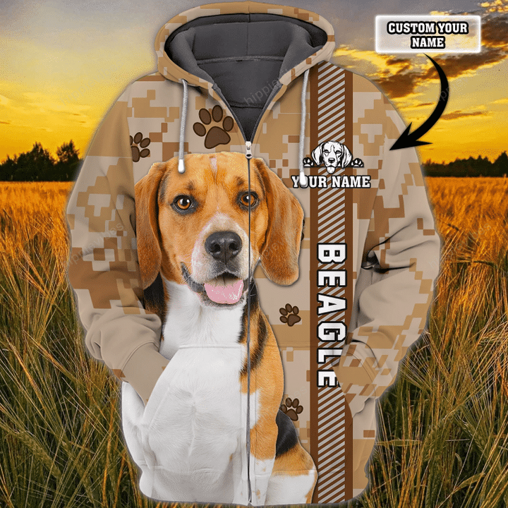 Beagle Personalized Name 3D Zipper hoodie