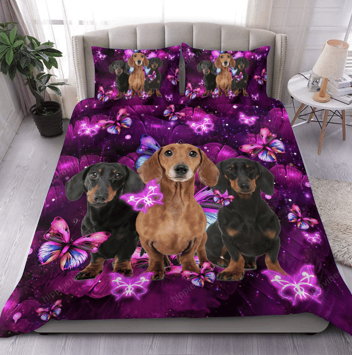 Dachshunds And Flowers Over Printed Bedding Set
