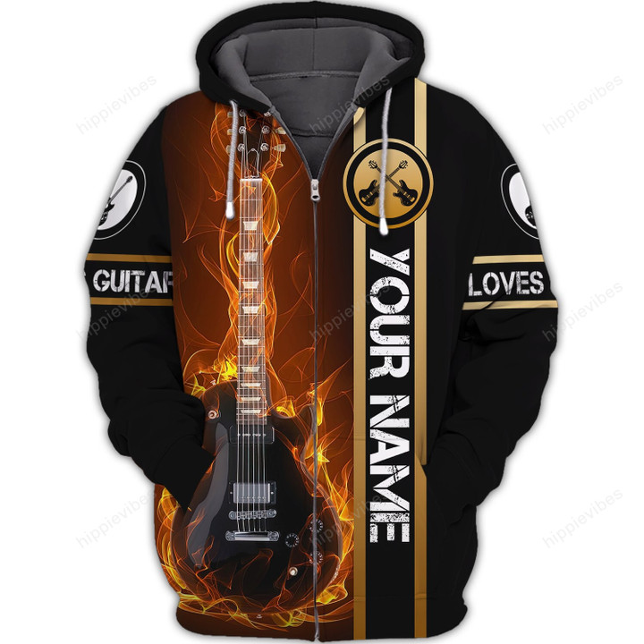 Black Fire Bass Guitar 3D All Over Printed Custom Zip Hoodie