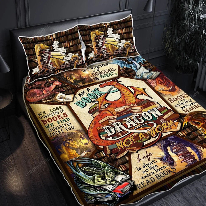 Reading Book Lover Always Be A Book Dragon Quilt Bed Set