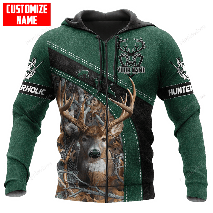 Deer Hunting Green Version 3D All Over Printed Custom Zip Hoodie