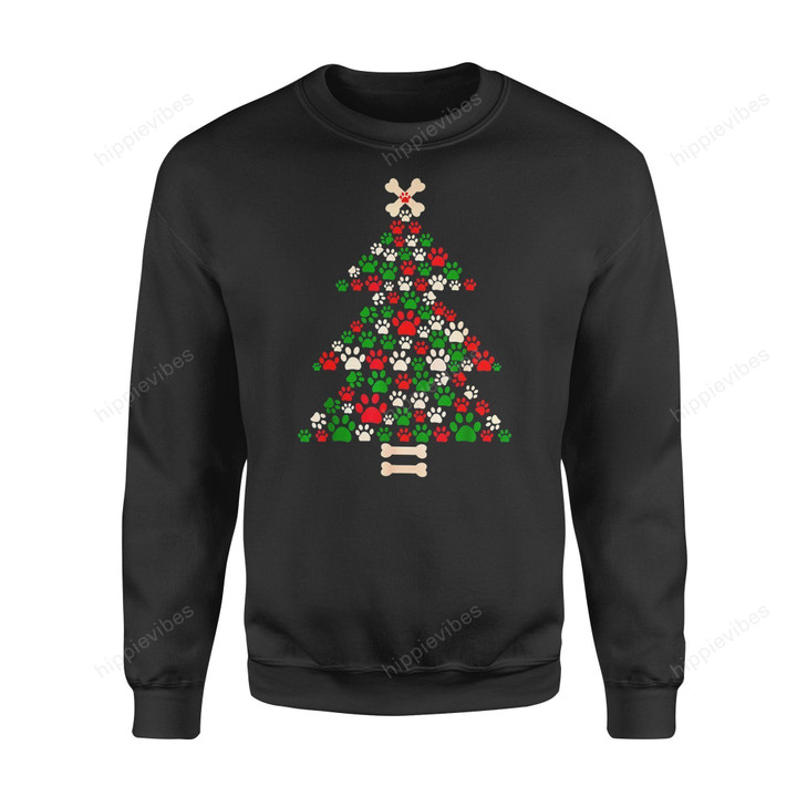 Dog Christmas Gift Idea Tree Made Of Bones And Paw Prints Lover T-Shirt - Standard Fleece Sweatshirt