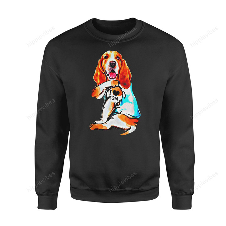 Dog Gift Idea Basset Hound I Love Mom Tattoo T-Shirt - Standard Fleece Sweatshirt S / Black