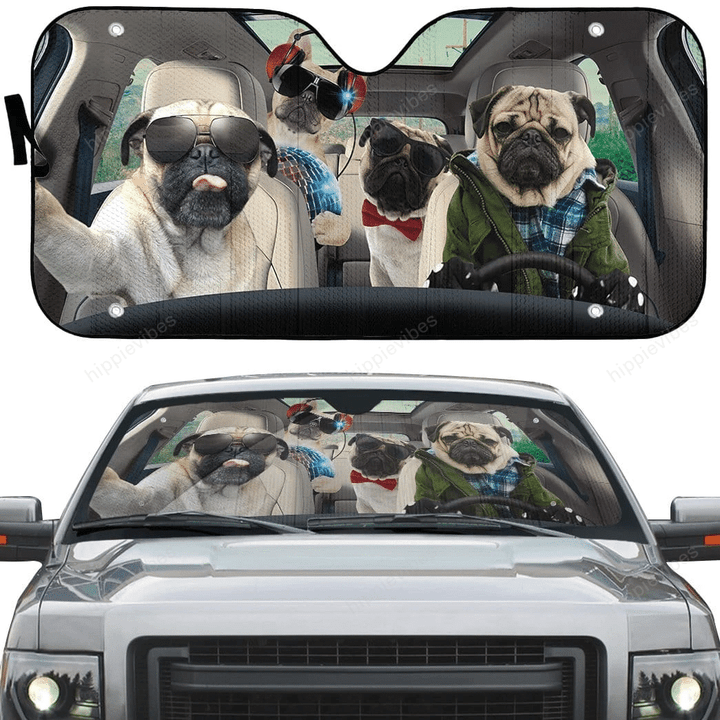 Pug Gang Selfie Car Sunshade 57 X 27.5