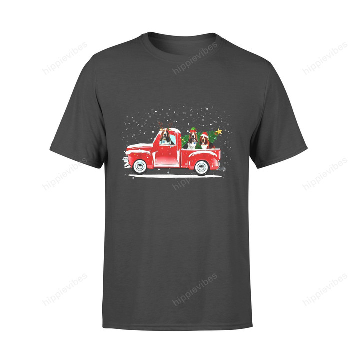 Dog Christmas Gift Idea Basset Hound Red Truck Funny Lover T-Shirt - Standard T-Shirt S / Black