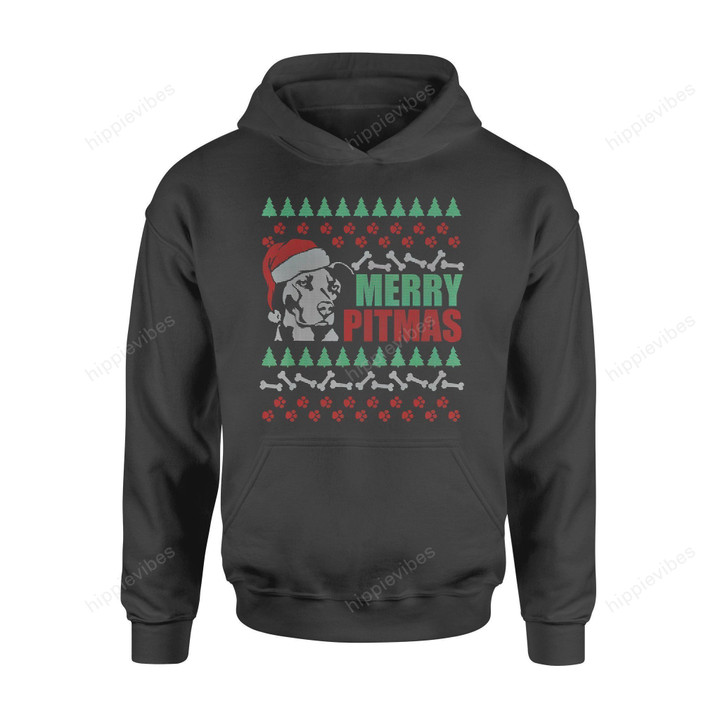 Dog Christmas Gift Idea Merry Pitmas Pitbull Funny T-Shirt - Standard Hoodie S / Black Dreamship