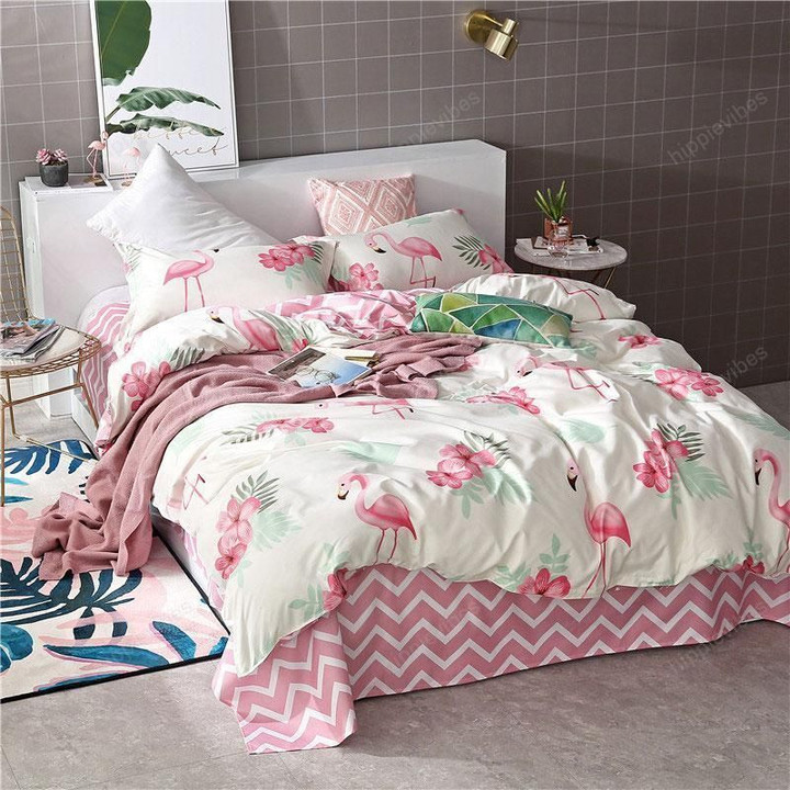 Flamingo Geometric 4Pcs Bed Cover Set Cartoon Duvet Childrens Sheets And Pillowcases Comforter