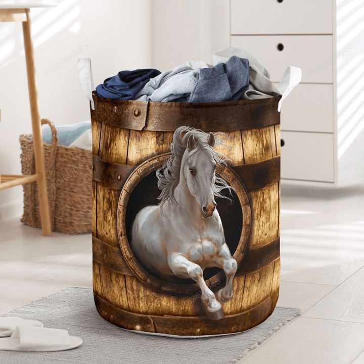 White Horse Wood Pattern Laundry Basket