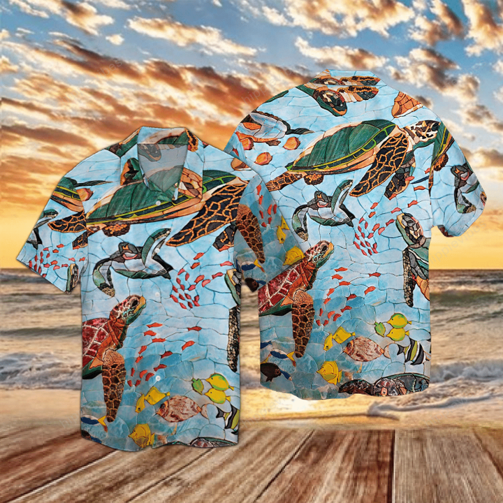 Sea Turtles In Ocean Mosaic Pattern Hawaii Shirt