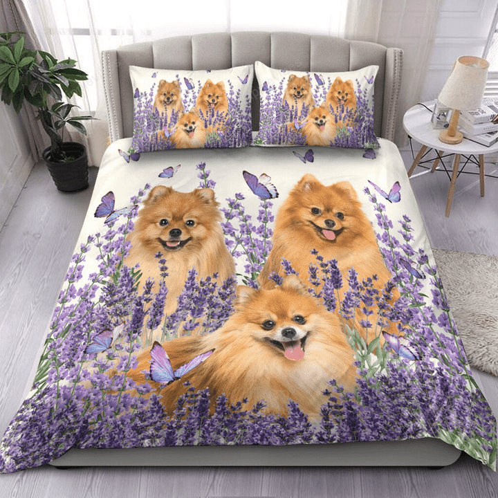 Pomeranian Purple Flower Bedding Set