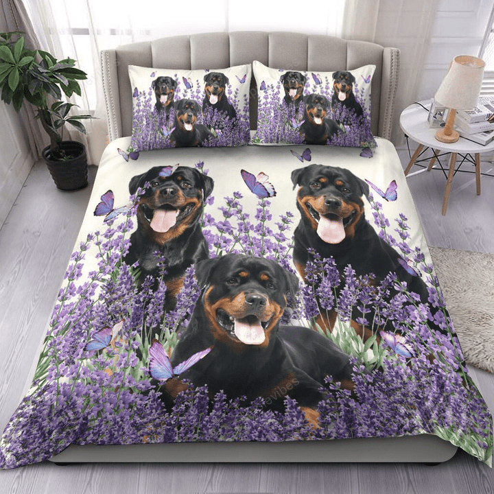 Rottweilers And Purple Flower Bedding Set
