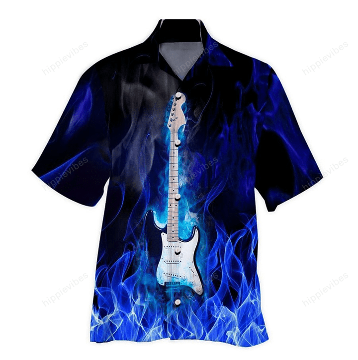 Bule Fire Electric Guitar Hawaiian Shirt