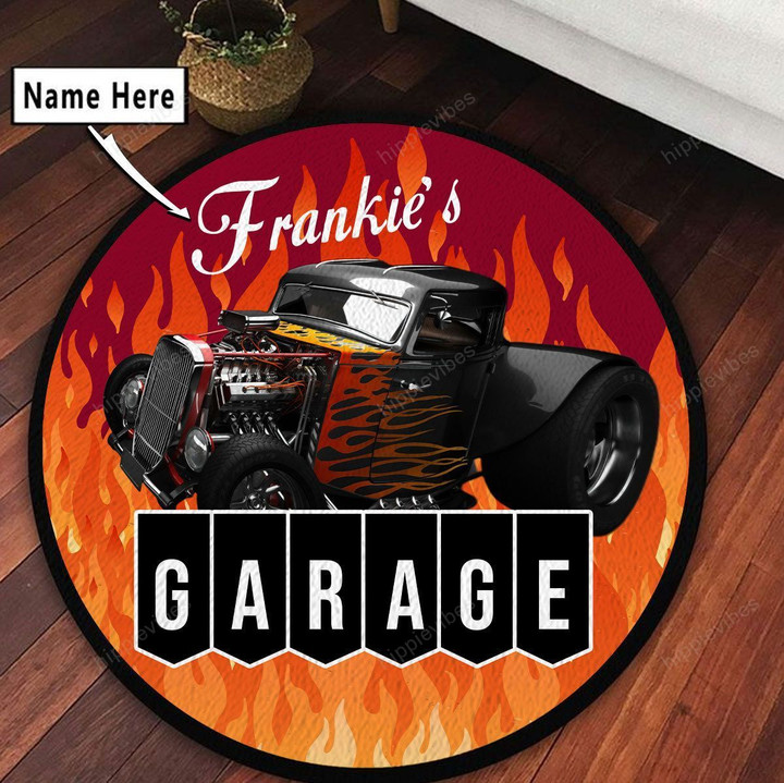 Personalized Hot Rod V2 Garage Round Mat - RE