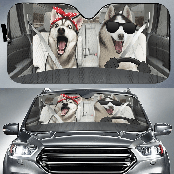 Couple Husky Dog Car Sunshade