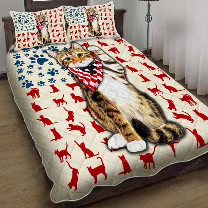 Patriotic Cat 4 Of July Independence Day Quilt Bed Set