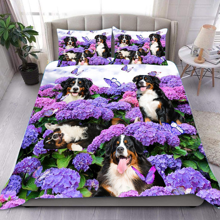 Bernese Mountain Dog Hydrangea Flower Bedding Set