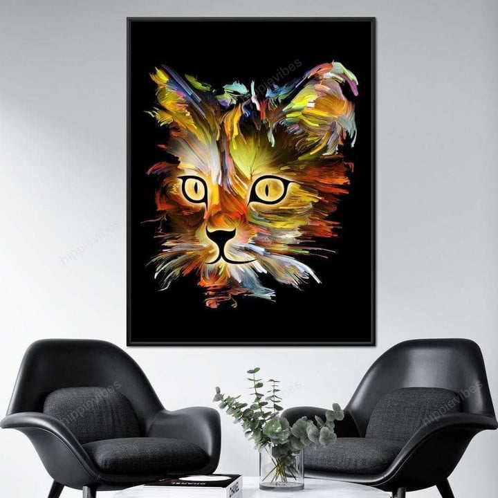 Colorful Cat on Black Background Canvas