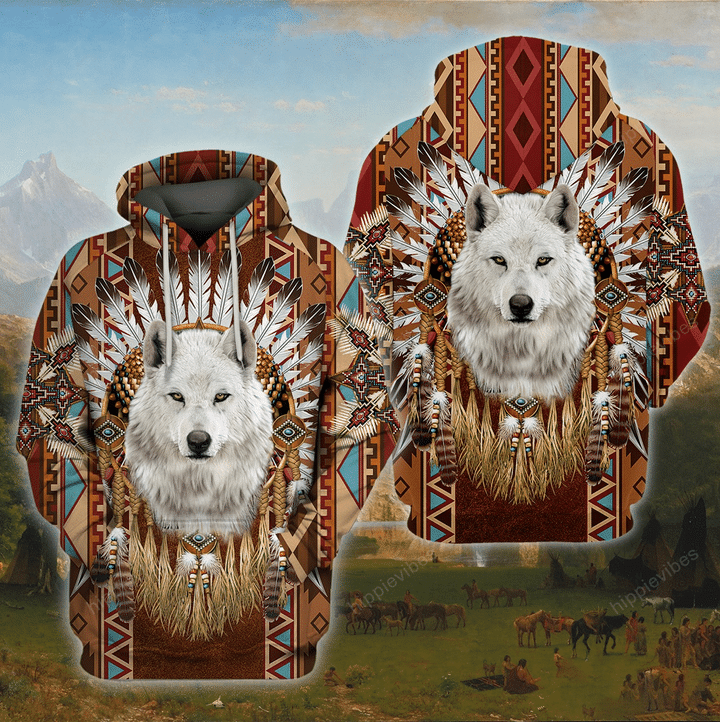 Native Pride White Wolf 3D All Over Printed Hoodie