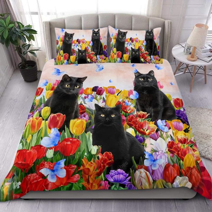 Black Cat Tulip Garden Bedding Set RE