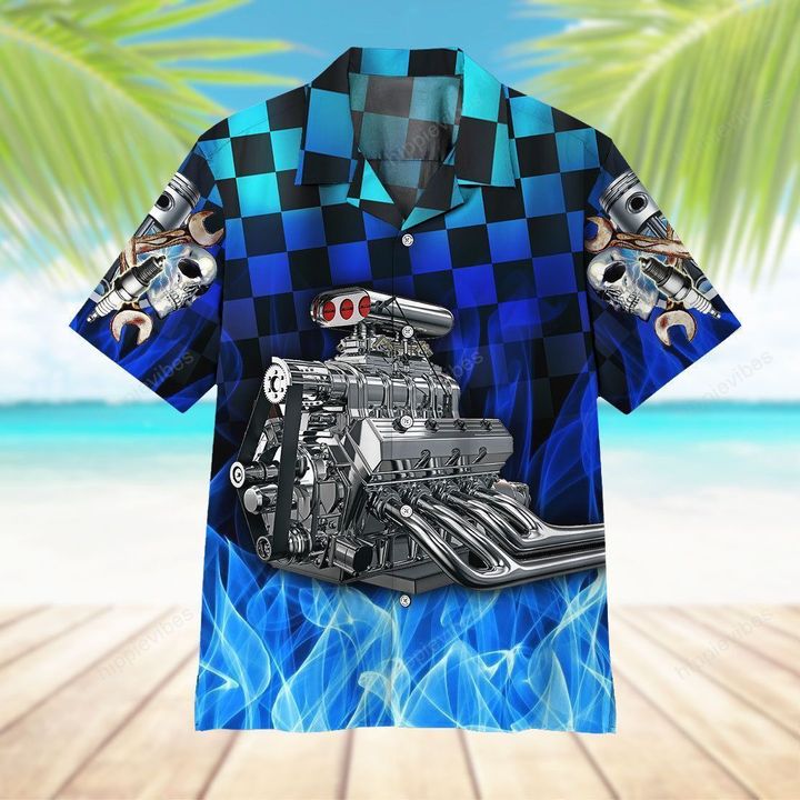 Blue Fire Hot Rod Hawaiian Shirt